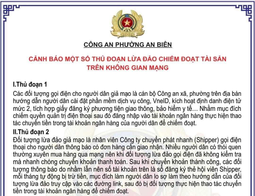 Công an phường An Biên cảnh báo thủ đoạn lừa đảo chiếm đoạt tài sản trên không gian mạng